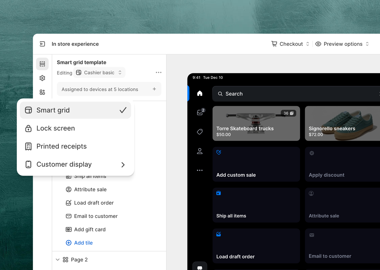 On the POS, the smart grid, lock screen, receipt, and customer display are being edited.