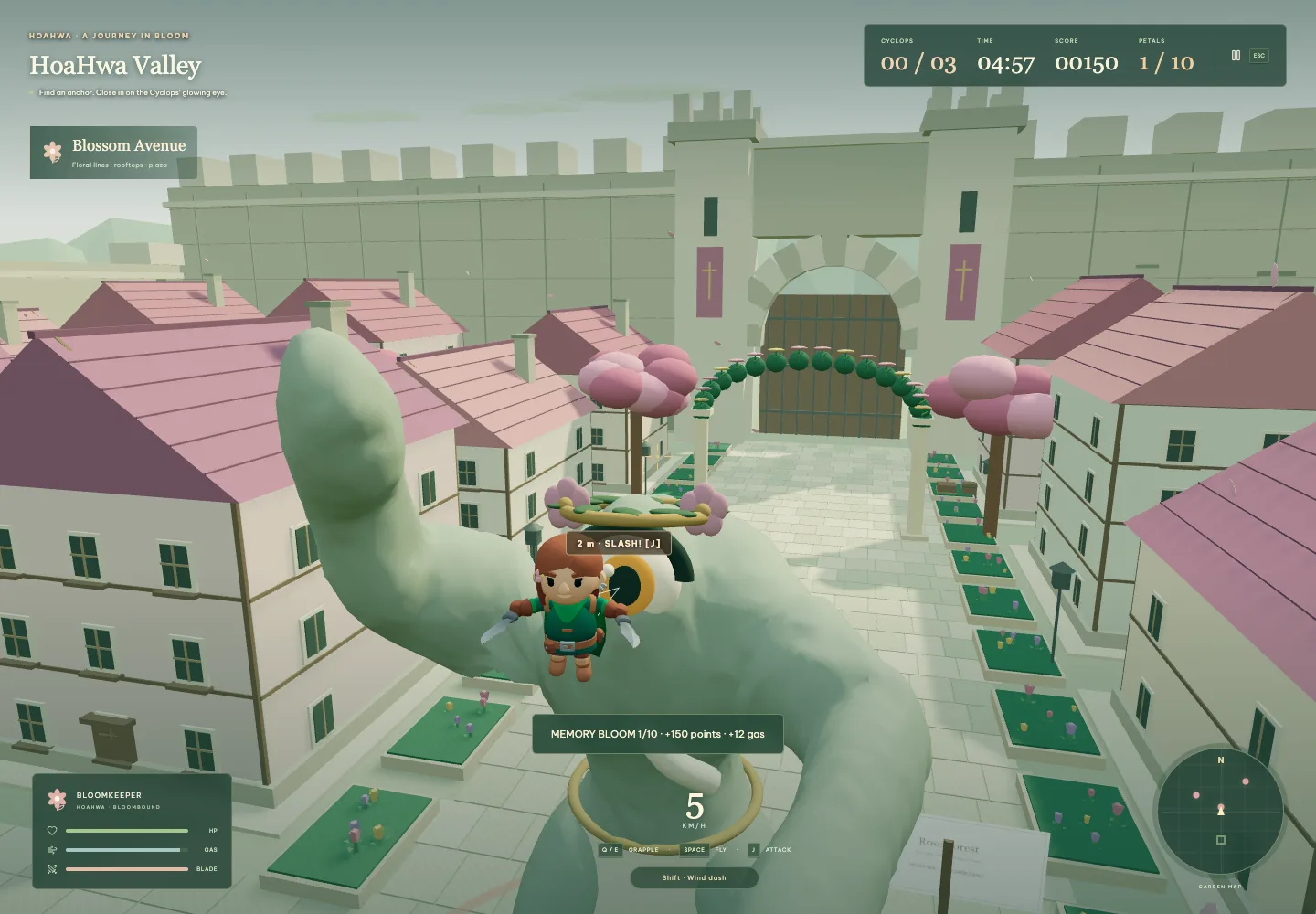 The player mid-flight at eye level with a one-eyed Cyclops in a floral crown, the on-screen prompt reading 2 m and SLASH.