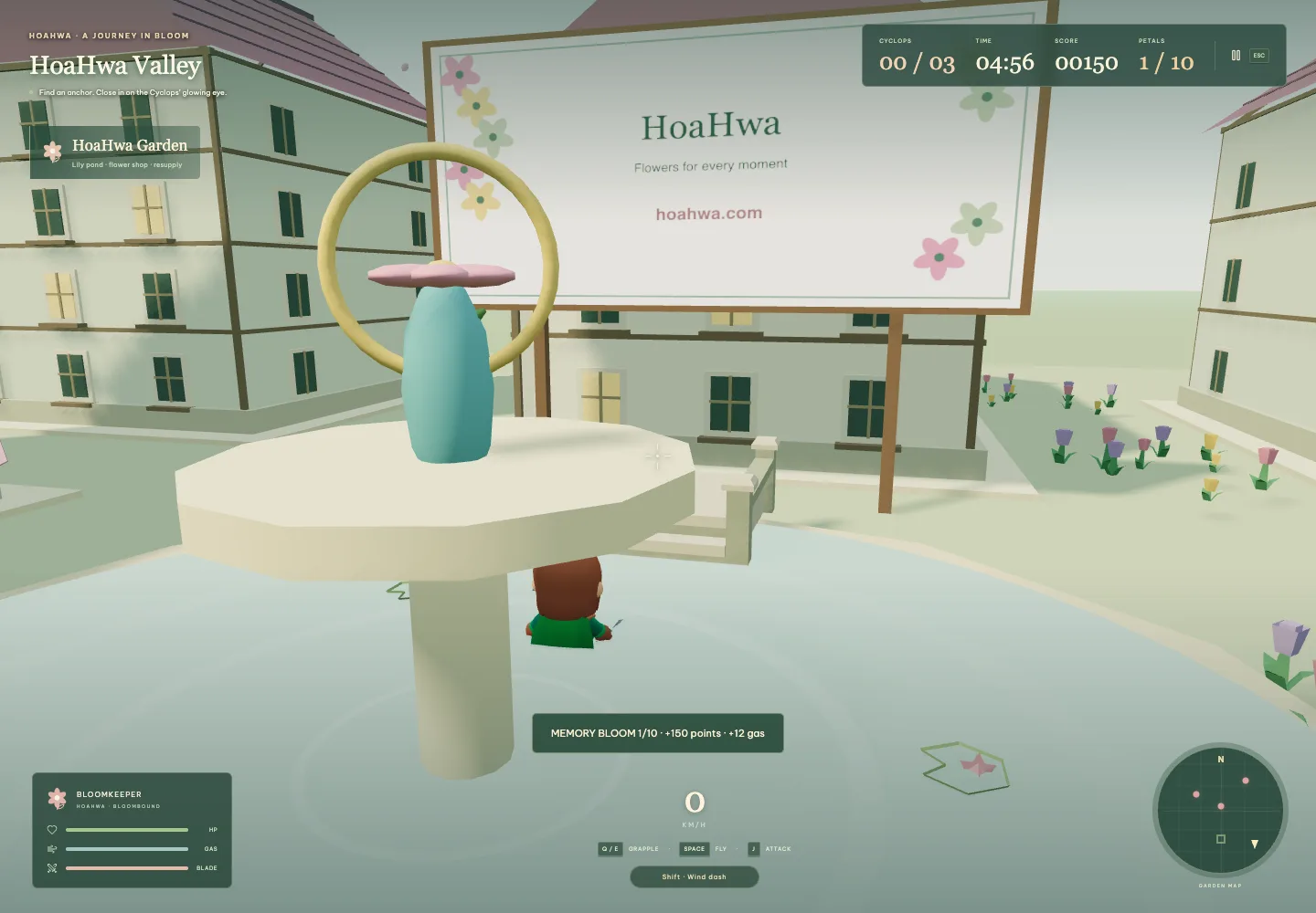 A billboard inside the 3D garden reading HoaHwa, Flowers for every moment, hoahwa.com — legible from player height.
