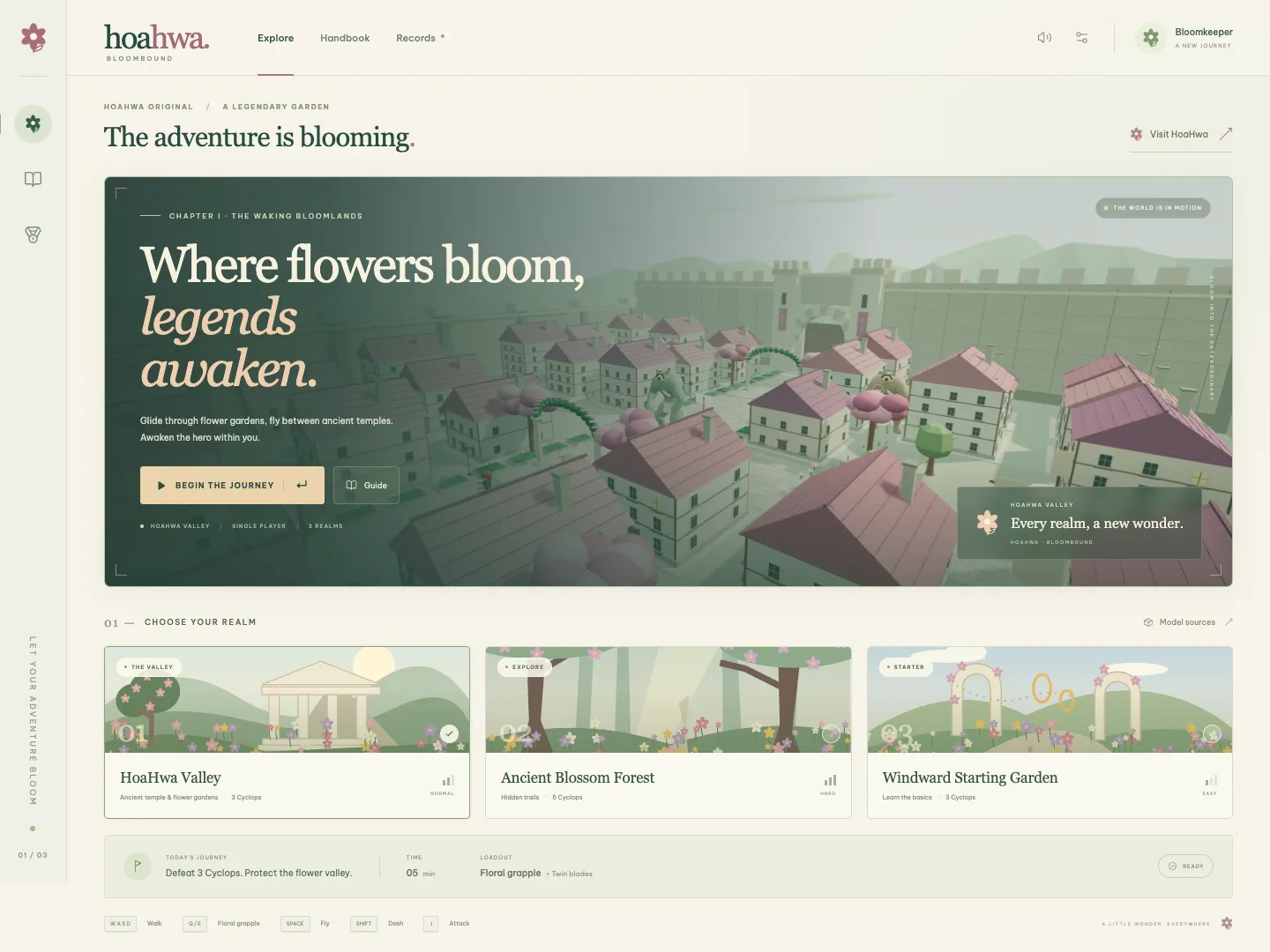 The BloomBound launcher: a dark sidebar, the 3D valley behind the hero copy, and three selectable chapters below.